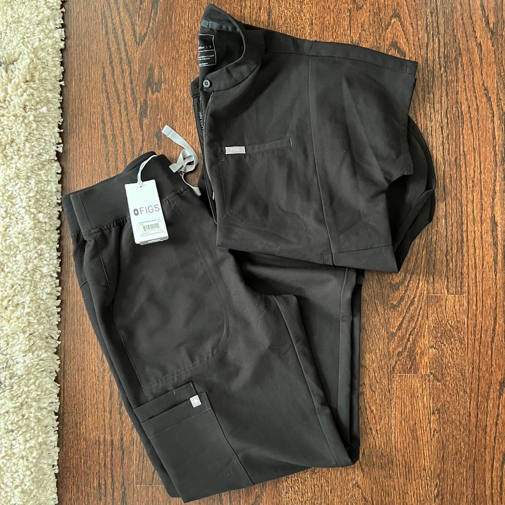 NEW Figs Black Scrub Set Montex Top Isabel Wide Leg Pants Women's Sz Small